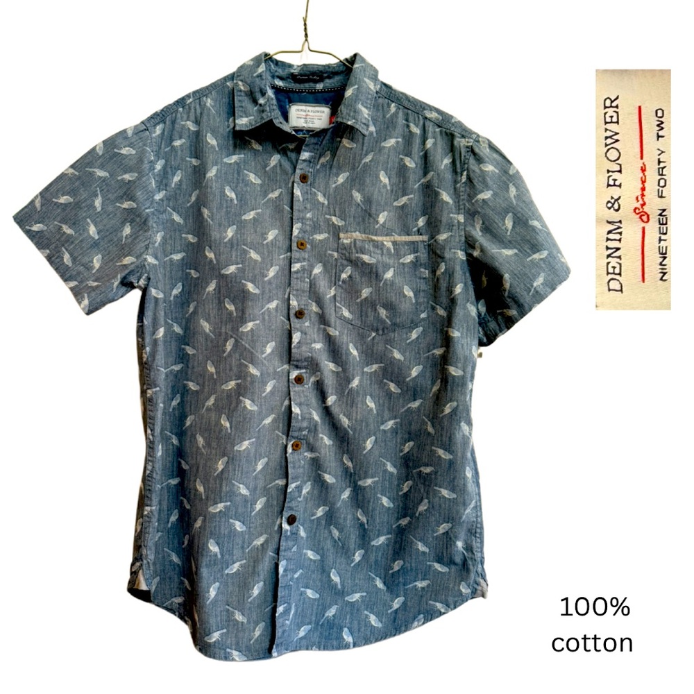 Blue with birds
100% COTTON
 size Medium 
Denim & Flower men’s button up